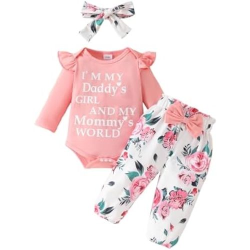 Newborn Baby Daddy Mommys Girl Outfit Aunties Bestie Clothes Ruffle Long Sleeve Romper Tops Floral Pants Headband Set