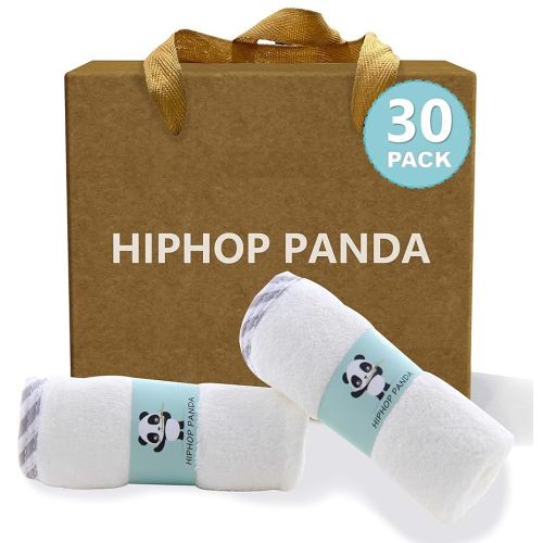 HIPHOP PANDA Baby Washcloths, Rayon Made from Bamboo - 2 Layer Ultra Soft Absorbent Newborn Bath Face Towel - Reusable Baby Wipes for Delicate Skin - Gray Stripe, 30 Pack