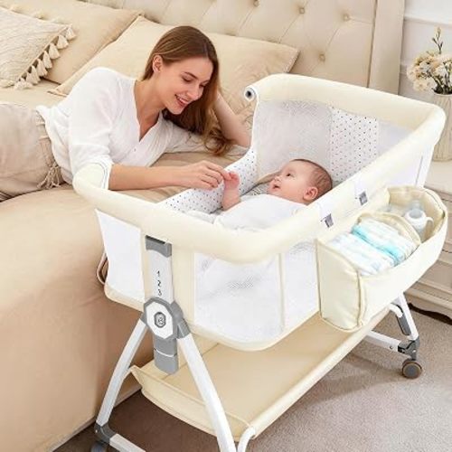 Baby Bassinet with Wheels, 6 Heights, Deep Beige