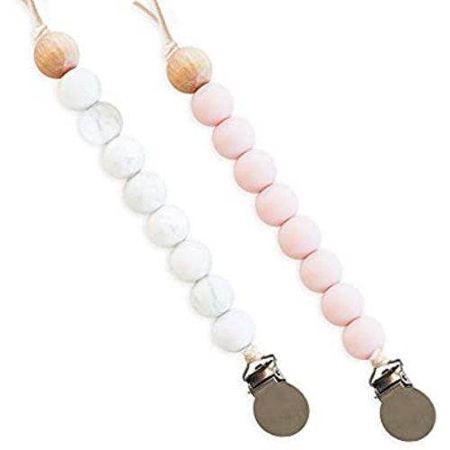 Pacifier Clip 2 Pack Multiple Colors - Silicone Beaded Pacifier Holder, Universal Fit for All Pacis and Teethers, Baby Teething Toy, 100% BPA Free - by Evie & Ophelia (Rose & Marble)