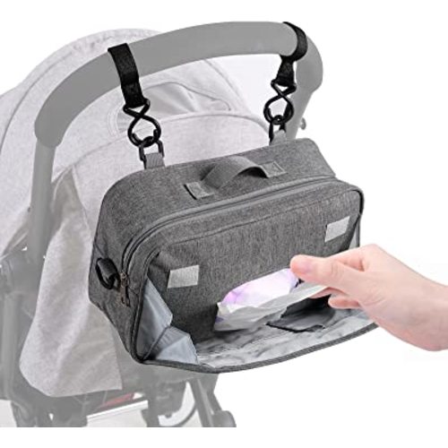 TRENDPLAY Small Diaper Bag Stroller Bag Diaper Organizer Caddy for Diapers with Insulated Pocket, Stroller Straps and Adjustable Shoulder Strap,Universal Fit Most Strollers, Gray