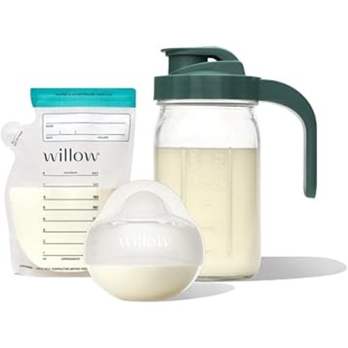 Willow - Glass Breastmilk Pitcher, Passive Manual Breast Pump & 8oz Breast Milk Storage Bags Bundle
