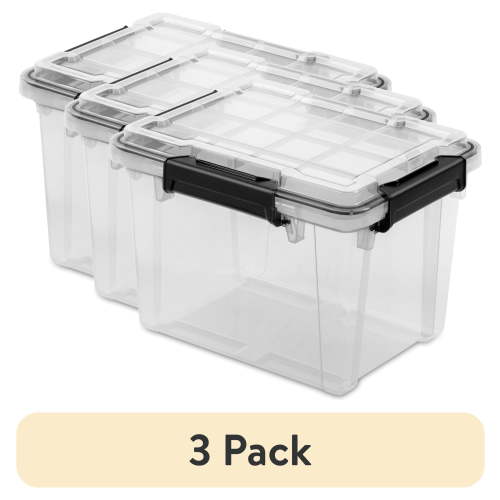 (3 pack) Sterilite Small Gasket Box, 19 Quart WaterProof Clear Plastic Storage Bin with Lid, Gasket Seal and Durable Latches, Black
