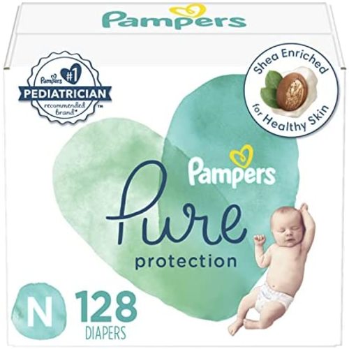 Diapers Size 0, 128 Count - Pampers Pure Protection Disposable Baby Diapers, Hypoallergenic and Unscented Protection, Enormous Pack (Packaging May Vary)