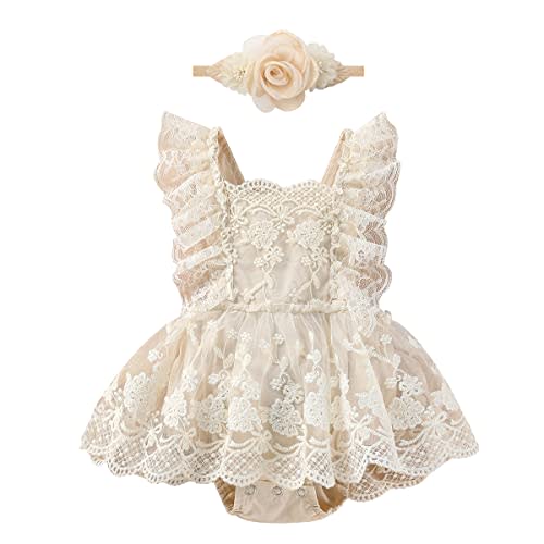 FYMNSI Newborn Baby Girl 1st Birthday Outfit Floral Lace Tulle Romper Tutu Dress Cake Smash Princess Boho Clothes Photo Shoot
