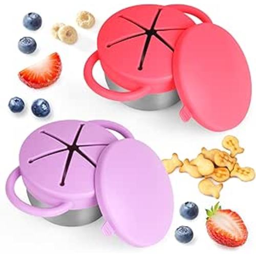 2 Pack Snack Cups for Toddlers Spill Proof - Detachable Stainless Steel Toddler Snack Cups with Silicone Lids & Handles - Dishwasher Safe Baby Snack Containers for Mess-Free Snacking (Red and Purple)