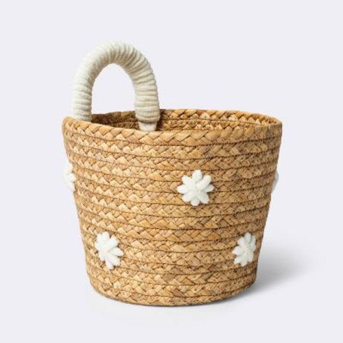 Braided Water Hyacinth With Tufted Embroidery Small Round Storage Basket - Cloud Island™