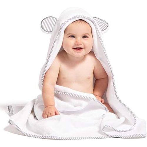 Fishers Finery Bamboo Viscose Baby Hooded Bath Towel & Washcloth Set - Unique Mitten Design (Gray)