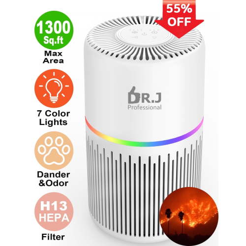 DR. J Professional Air Purifiers for Home 1300sq.ft HEPA Air Purifiers for Bedroom, Pollen, Wildfire/Smoke, Pet Dander&Odor, Dust, Model KJ100, White