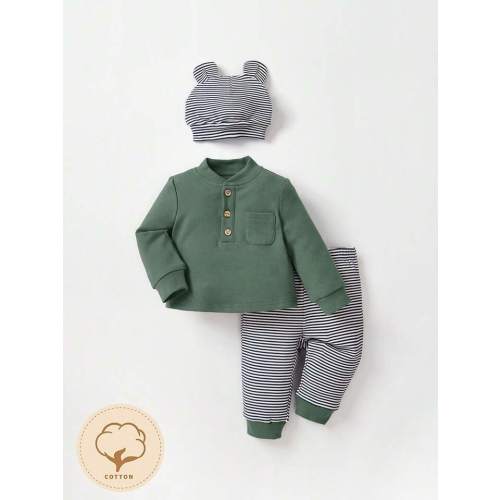 Cozy Cub Newborn Baby Boy Striped Print Pocket Patched PJ Set & Hat | SHEIN USA