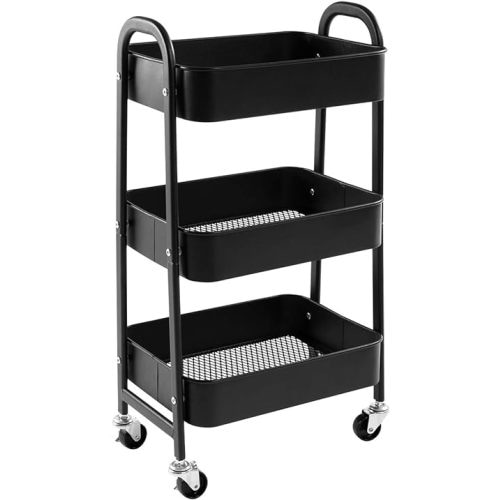 AGTEK Makeup Cart, Movable Rolling Organizer Cart, Black 3 Tier Metal Utility Cart