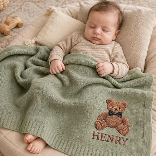 Personalized Embroidered Baby Blanket, Custom Teddy Bear Knit Nursery Decor, Newborn Baby Shower Gift
