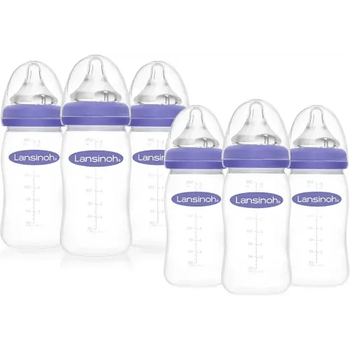 Lansinoh Anti-Colic Baby Bottles for Breastfeeding Babies, 8 Ounces, 6 Count, Includes 6 Medium Flow Nipples, Size M