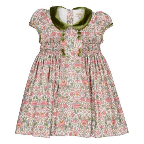 Rison Smocked Dress in Pink Baroque Flower Print with Olive Velvet Collar