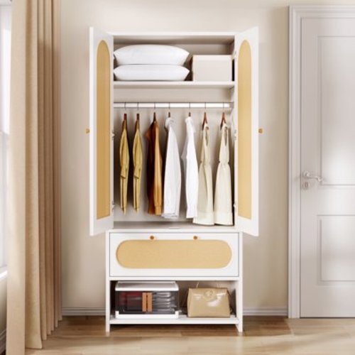 DEXTRUS Natural Rattan Armoire Wardrobe Closet with 2 Doors, Armoire with Drawers and Hanging Rods, Wooden Closet Organizer for Hanging Clothes with Shelves & Steel Stand