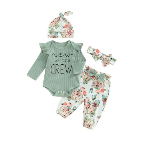 Newborn Baby Girl Coming Home Outfit New to The Crew Ribbed Ruffle Romper Bodysuit Flower Pants Headband Hat Set