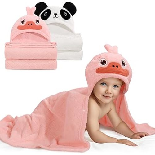 Toddler Bath Towels Age 1-2, Soft Absorbent Animal Hooded Towel for Kids Girls, 2 Pack 50" x 32" Large Thick Baby Towels with Hood, White Panda & Pink Duck Set