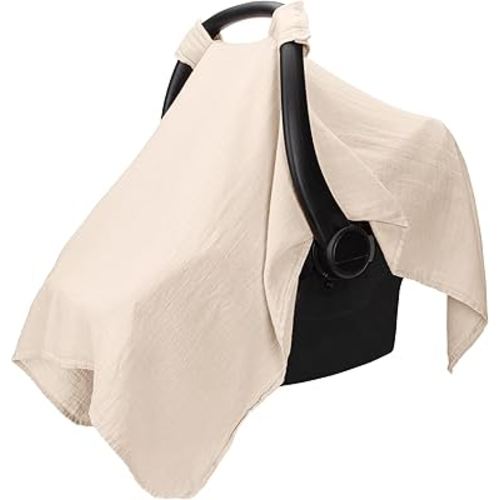 Muslin Cotton Baby Car Seat Cover, Universal Fit Carseat Canopy Covers for Babies, Girls and Boys by Comfy Cubs (Sand)