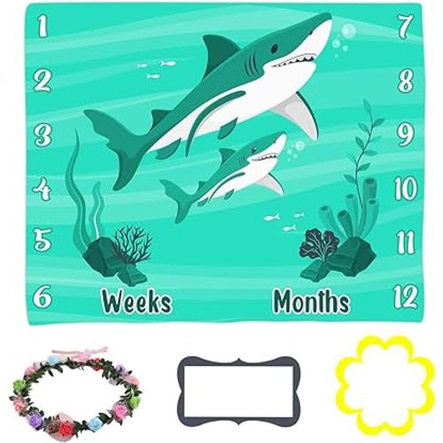 Baby Monthly Milestone Blanket, Green Ocean Shark Animal Baby Growth Chart Blanket Baby Age Blanket, 48x40 Inch Baby Shower Photo Backdrop Baby Receiving Blanket BTLSLY403