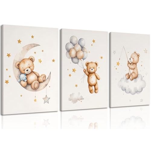 3 Pcs Framed Teddy Bear Nursery Canvas Wall Art Bear Sleeping on The Moon and Stars Wall Decor Pictures Balloon Cloud Neutral Poster Prints for Kids Baby Room Kindergarten Home Decoration 12x16in