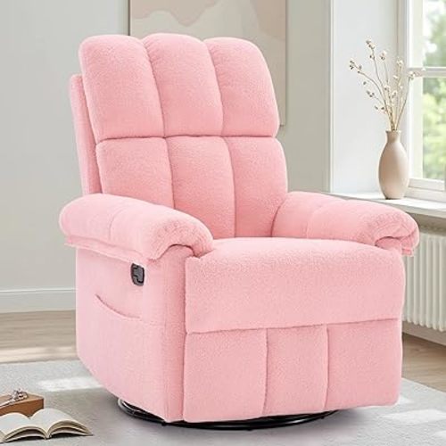Recliner Chair, Swivel Rocker Recliner Chair for Adults, Small Recliners for Small Spaces, Manual Recliner with Side Pockets, Upholstered Nursery Rocking Chair for Living Room, Sherpa, Pink
