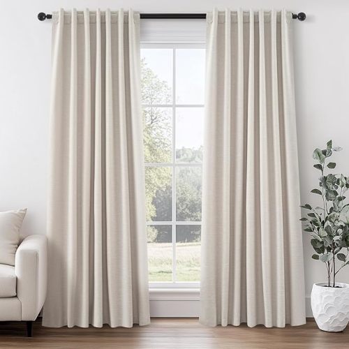 Topfinel Linen Beige Blackout Curtains 84 Inch Long 2 Panels,Linen Blend Aesthetic Heat and Cold Blocking Thermal Drop Cloth Traverse Curtains for Living Room Bedroom,Oatmeal