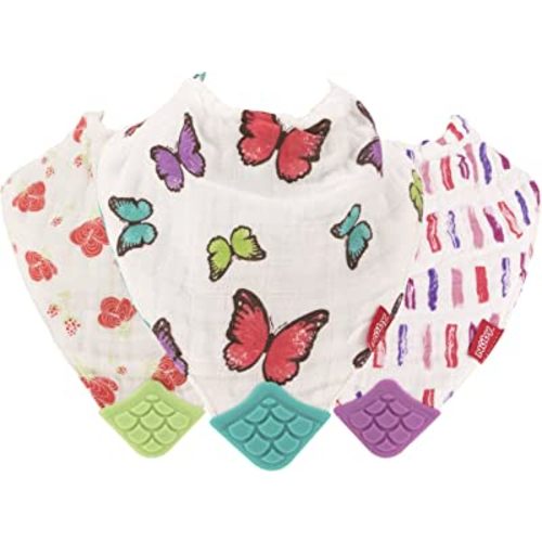 Nuby Reversible 100% Natural Cotton Muslin 3 Piece Teething Bib, Pink, Aqua, Purple, Flower, Butterfly, Stripes, Girl, 3 Count