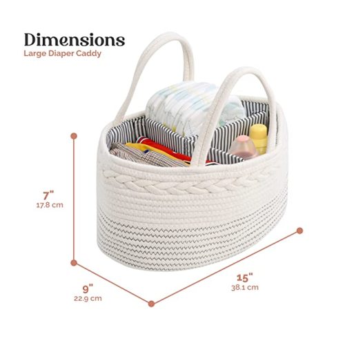 luxury little Diaper Caddy Organizer, Large Cotton Rope Nursery Basket, Changing Table Organizer for Baby Diaper Storage, Portable Car Organizer with Removable Divider, Baby Shower Gifts - White