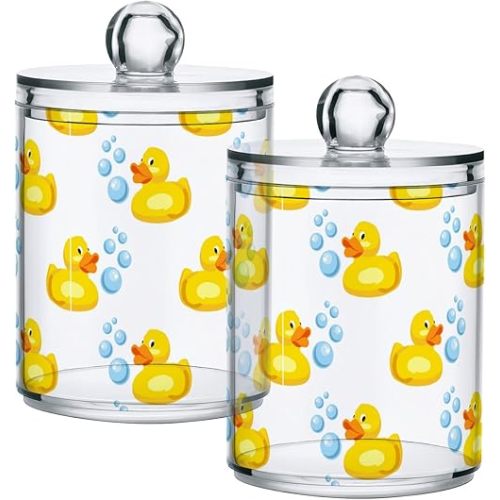 2 Pack Plastic Cotton Swab Ball Pad Holder Yellow Rubber Ducks Jars Bathroom Canisters with Lids for Canister Storage Organization, Vanity Makeup Organizer