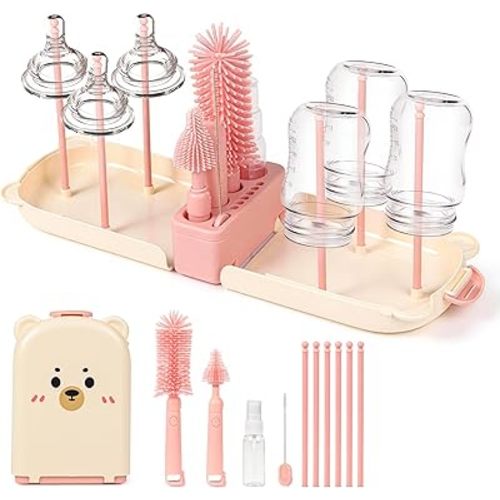 6 In1 Baby Bottle Brush Kit,Portable Silicone Bottle Brush Cleaner Set with Straw Brush,Nipple Brush,Drying Rack,Soap Dispenser,Storage Bag for Travel or Home(Pink)