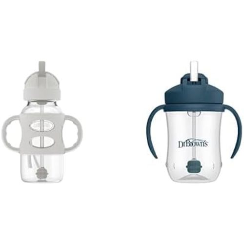 Dr. Brown's Milestones Wide-Neck Sippy Straw Bottle 100% Silicone Handles and Weighted Straw, 9 & Baby’s First Cup, Training Cup Dark Blue, 6m+