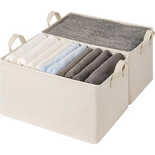 StorageWorks Storage Bins, Shelves Baskets for Organizing, 45L Extra Large Fabric Closet Organizers with Handles, Metal Frame, Beige（Cotton-linen）, 2-Pack