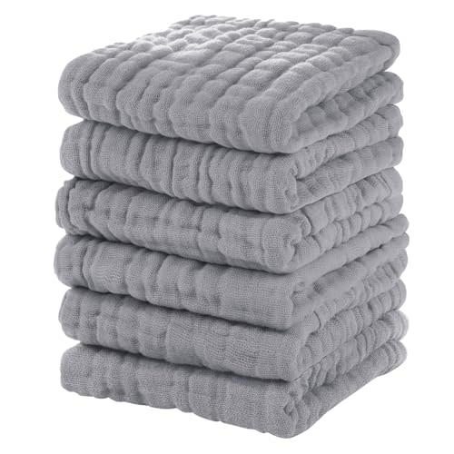 Unnivoll Muslin Baby Washcloths 6 Pack, 100% Cotton Wash Cloths for Babies, Large 12''X12'' Burp Cloths Absorbent and Soft for Newborn Infants Kids Boys Girls - Light Gray