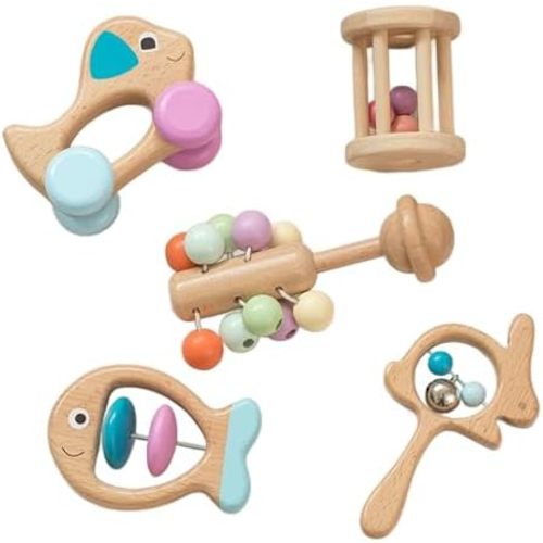 BEACENOV Montessori Wooden Rattle Toy Set for Infant Boys Girls 0-12 Months, Toddler Development Toys, Sensory Set of 5, Baby Shower Gifts : Amazon.com.au: Toys & Games