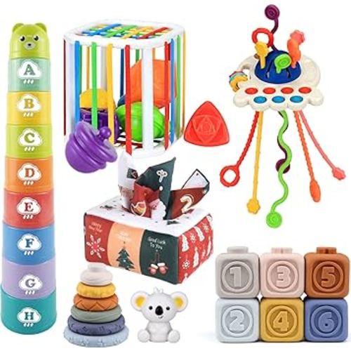 Montessori Toys for Babies 6-18 Months, 6 in 1 Baby Easter Basket Stuffers Sensory Toys, Infant Teething Pull String Toys, Stacking Blocks, Shape Sorter, Baby Tissue Box,Soft Rings, Stacking Cups