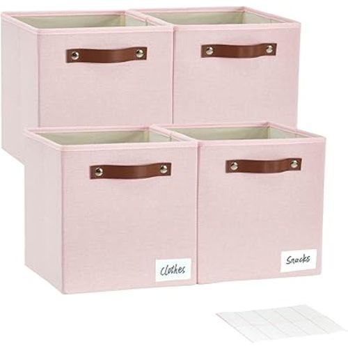 Collapsible Fabric Storage Cube Bins with 2 Reinforced PU Handles, Foldable Storage Organizer Baskets for Closet, Shelves, Living Room | 11"x11"x11", 4 Pack, Full Pink