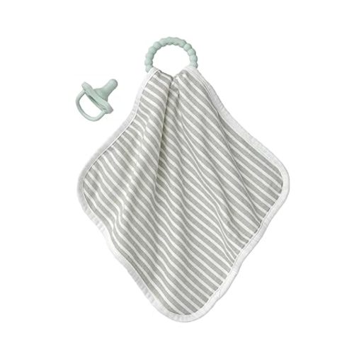 Dr. Brown's Lovey Blanket with Beaded Teether Ring and HappyPaci 100% Silicone One-Piece Pacifier, Soothing Security Blanket Set for Baby, Gray Stripes, 0m+