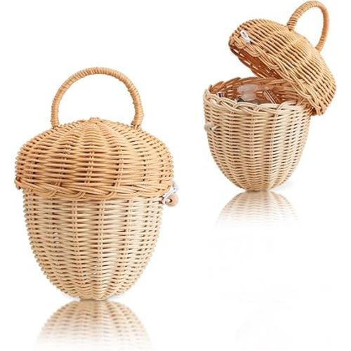 Handmade Wicker Rattan Mushroom-Shaped Storage Basket for Outdoor, Kids, Decor, Photography Props (Acorn-Shaped)