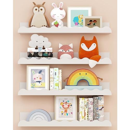 Kids' Bookshelf Set of 4 - White Floating Nursery Book Shelves, Picture Ledge Shelf for Wall Decor and Storage - Perfect for Books, Toys, Photo Frames, and Nursery Décor