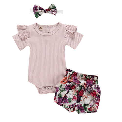 Baby Girls Clothes Romper Bodysuit+ Flower shorts Headband 3-piece Outfits Shorts Set 0 Months