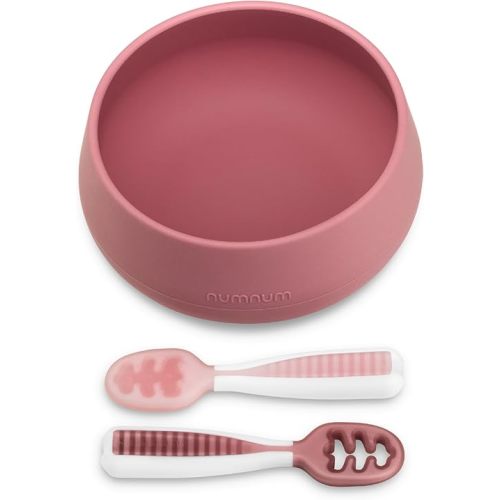 NumNum Suction Bowl + Pre-Spoon GOOtensils Self Feeding Set for Babies & Toddlers | Baby Spoon Set (Stage 1+ 2) | 100% Food Grade Silicone BPA-Free | Strong Suction | 4 months+ (Mauve)