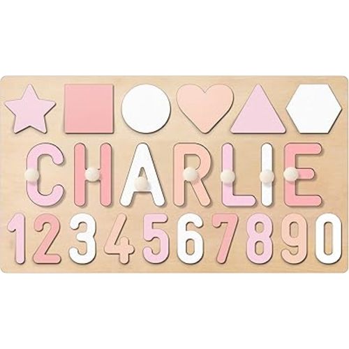 Personalized Name Puzzle for Kids, Custom Wooden Name Puzzles for Toddlers 1-3, 1st Birthday Gifts Girl Boy, Alphabet Number Puzzle with Engraved Text on Back, Baby Learning Toys