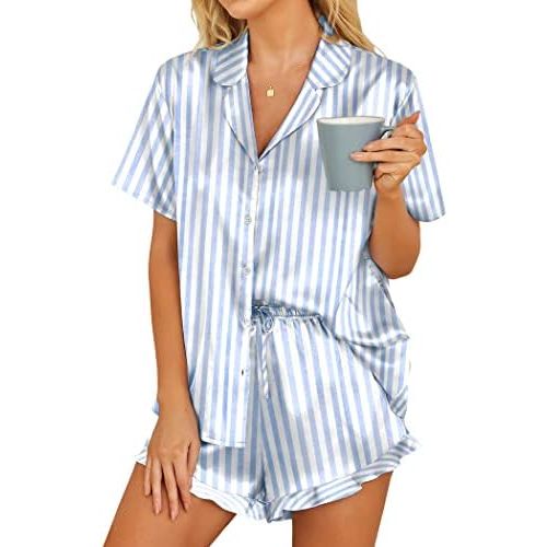 HOTOUCH Womens Satin Pajamas Set Button Down 2 Piece Silk Pjs Shorts Set Ruffle Lingerie Notch Collar Sleepwear