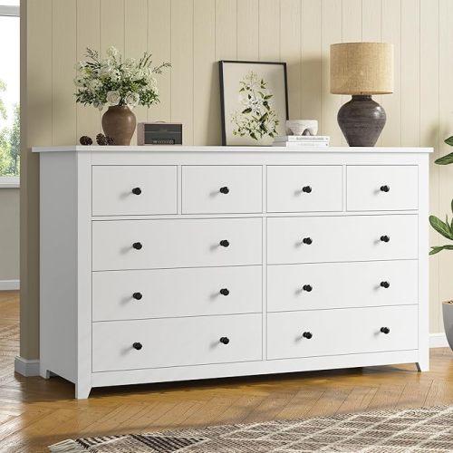 10 Drawer Dresser for Bedroom Modern White Wood Large Dressers & Chests for Bedroom, Clothes, Office Supplies, Ideal as TV Stand, Entryway Organizer