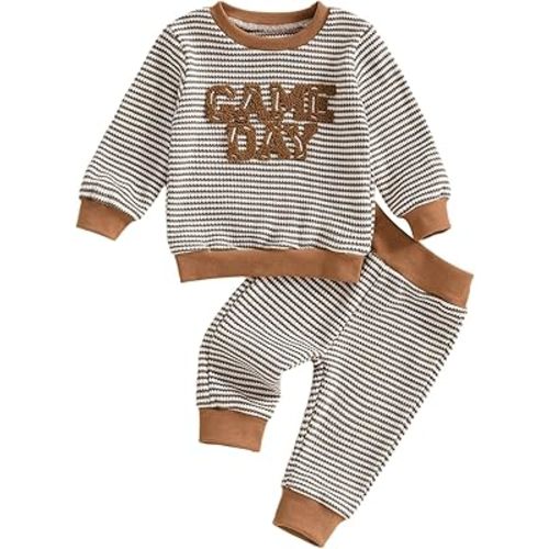 fhutpw Baby Toddler Boy Girl Fall Winter Clothes Embroidery Stripe Pullover Pants Sets Infant Long Sleeve Sweatshirt Outfits