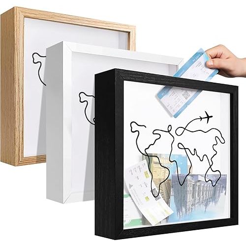Travel Adventure Challenge Archive Shadow Box Picture Frame with Slot,8&12In Travel Ticket Card Memory Box for Keepsake Box, Top Loading Shadow Box Display Case Travel Decor Gift (Black,8x8