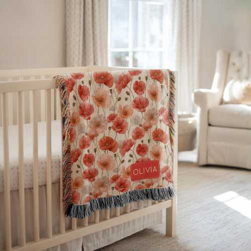 Personalized Red Poppy Baby Blanket, Custom Name Wildflower Floral Print Throw, Cozy Boho Nursery Bedding, Cute Flower Baby Shower Gift