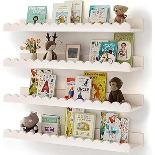 Nursery Book Shelves, 4-Pack White Floating Shelves for Wall Kids, Scalloped Shelves, Wall Book Shelves for Bedroom Kids, Toddler Room, Baby Room, Nursery Decor