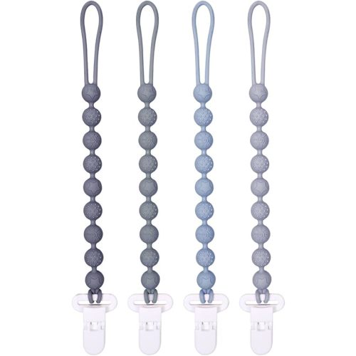 One Piece Design Silicone Pacifier Clip Holder,Pack of 4 Flexible Paci Leash,Binky Clips with Textures for Baby Boys and Girls,Newborn Essential (Gray)