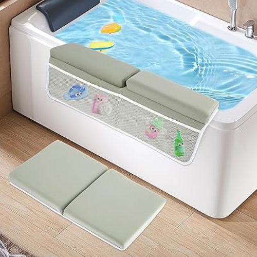 Baby Bath Kneeler and Elbow Rest Pad Set, 1.5'' Comfortable Baby Bath Kneeler, Non-Slip Quick Dry Kneeling Bath Mat for Mom and Tub Elbow with Pockets for Baby Bathtime Essentials, Washable (Style 1)